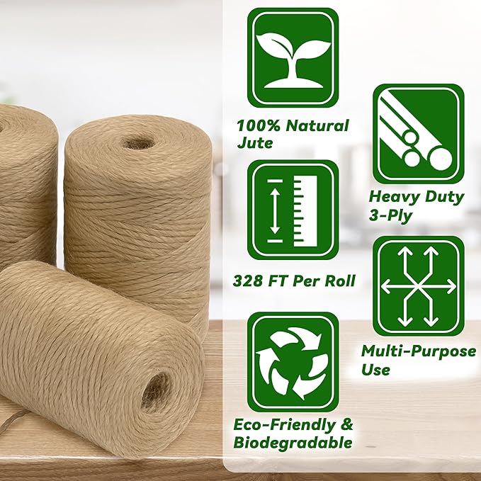 Gardzen 4 Pack Natural Jute Twine String (328 ft Each), 3-Ply Durable Brown Craft Twine for Gardening, Gift Wrapping, Flower Bouquet, Arts & Crafts, Hemp & Burlap String for DIY Projects