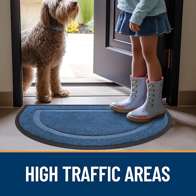 OLANLY Half Circle Door Mat Indoor Outdoor Entrance Welcome, Waterproof All-Season, All-Weather Doormat, Sturdy Natural Rubber, Low Profile, Easy Clean Patio Porch Entryway Mat, 29.5x17, Light Blue