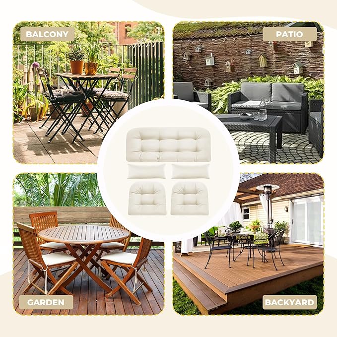 Wicker Chair Cushions of 5 Pieces, Waterproof Outdoor Loveseat Cushion for Wicker Furniture, 1 Love Seat Cushion, 2 U-Shape and 2 Lumbar Pillows for Patio Furniture (Cream)