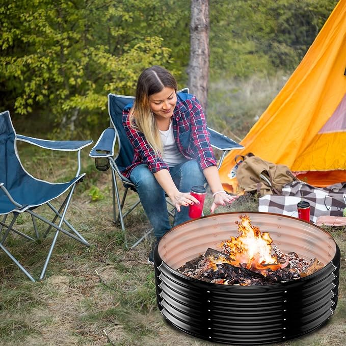32 Inch Outdoor Fire Pit Ring, 17'' Tall Wood Burning Firepit & Fireplace for Outside, Heavy Duty Galvanized Steel Fire Pits Insert, High Heat Resistant Fire Bowl for Backyard Bonfire,Patio,Camping