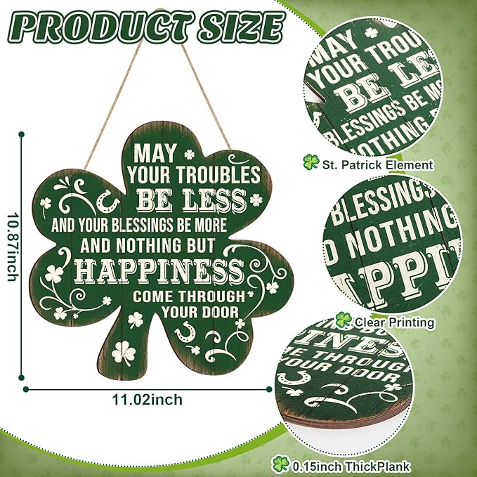 Wooden St Patricks Day Decoration Shamrock Door Wreath for Front Door Sign Wall Signs Shamrock Clover Spring Decoration, Irish Sign Welcome Hanging for Home Decor Party Outdoor Indoor Supply