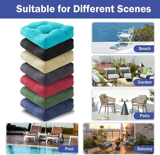 Outdoor Chair Cushions Set of 2, Patio Chair Cushions with Ties, 17x17+4” Tufted Outdoor Seat Cushions, Waterproof Patio Furniture Cushions, Outdoor Dining Chair Pads, Teal