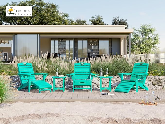 Ciokea Folding Adirondack Chair with Retractable Ottoman Fire Pit Patio Chair with Pull Out Foot Rest Weather Resistant Lawn Outdoor Lounge Chair with 2 Cup Holder (Lake Blue)