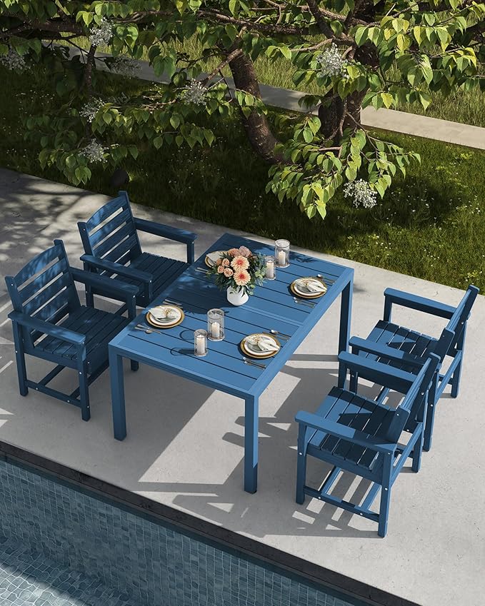 SERWALL 5-Piece Outdoor Table and Chairs, 60" - 83" Expandable Outdoor Dining Table with Aluminum Frame & HDPE Tabletop, All Weather HDPE Patio Furniture Set for Backyard, Garden, Blue