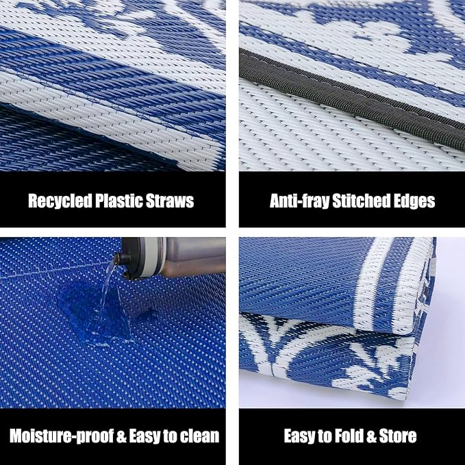 HUGEAR Plastic Outdoor Rug 6'x9' Waterproof Camping Carpet Outside Area Rug Reversible Light Blue Rugs for RV Deck Entryance Porch Picnic Balcony Beach