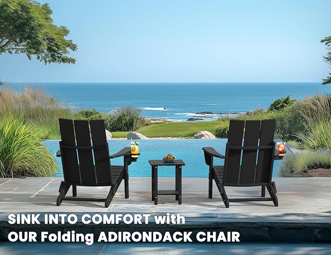 Adirondack Chair with Cup Holder Set of 4, Folding Outdoor Lawn Chair, HDPE Plastic Fire Pit Chair, Weather Resistant Patio Chairs for Deck, Porch, Backyard, Garden, Black