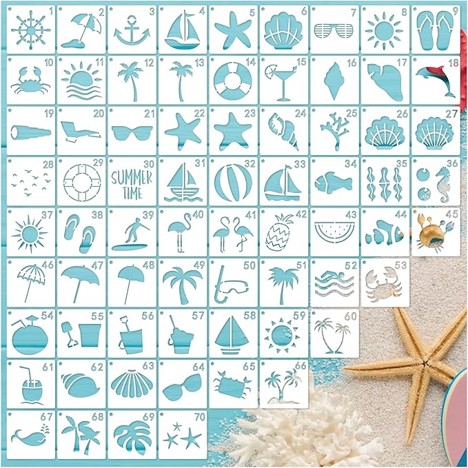 70pcs Ocean Stencils for Painting on Wood & Canvas - Summer Beach, Nature & Palm Tree Patterns (70 Beach)