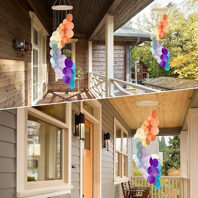 Colorful Gradient Spiral Shape Capiz Shells Windchime,Shell Wind Chimes for Outside,Coastal Wind Chimes for Indoor/Outdoors,Seashell Wind Chimes,Best Hanging Decor for Balconies,Garden,Yard