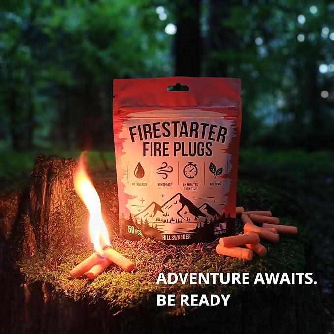 Fire Plugs (50 Plugs) | Waterproof Fire Starters for Campfires, Survival & Emergency Kits | Long Burn Time | Made in USA