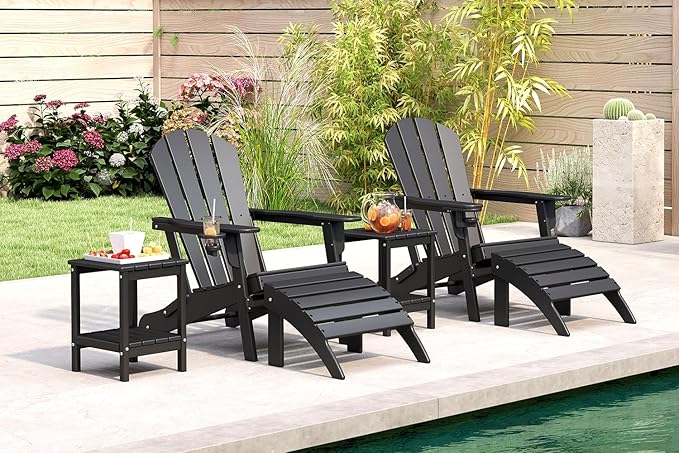 BRIOPAWS Folding-Adirondack-Chairs Set of 4 | HDPE Plastic | Fire Pit Chair | Cup Holder | Curved Back | All Weather | for Outdoor Backyard Deck Patio | Black