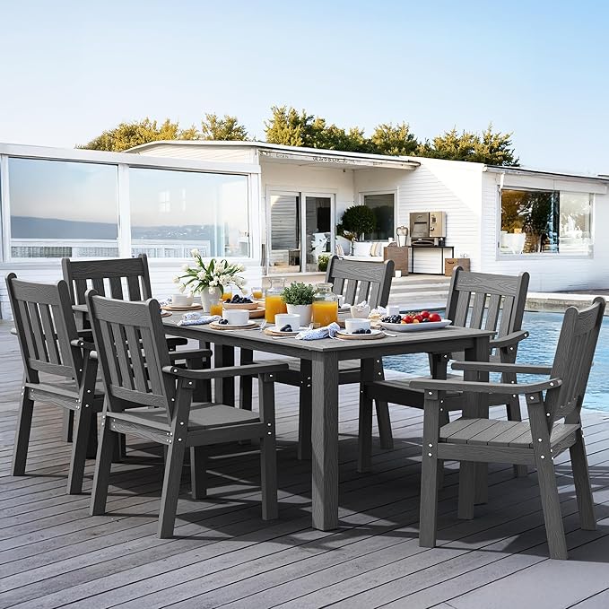 YEFU HIPS Patio Table Set: 7 Piece Outdoor Table and Chairs Dining Furniture Set with Umbrella Hole - Gray Modern Plastic Dining Sets 6 Person for Outside Deck with Metal Aluminum Frame