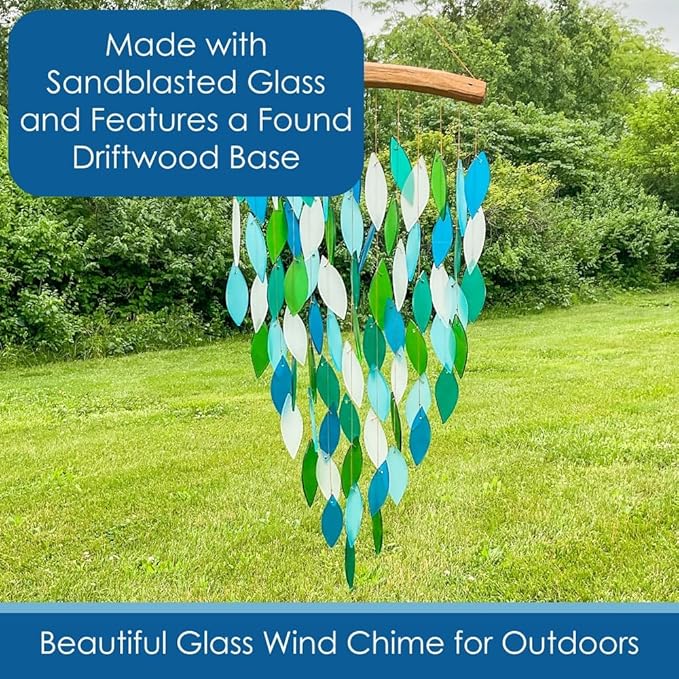 Blue Handworks Deluxe Ocean Waterfall & Driftwood Chime, Sandblasted Glass and Found Wood Handcrafted Wind Chime