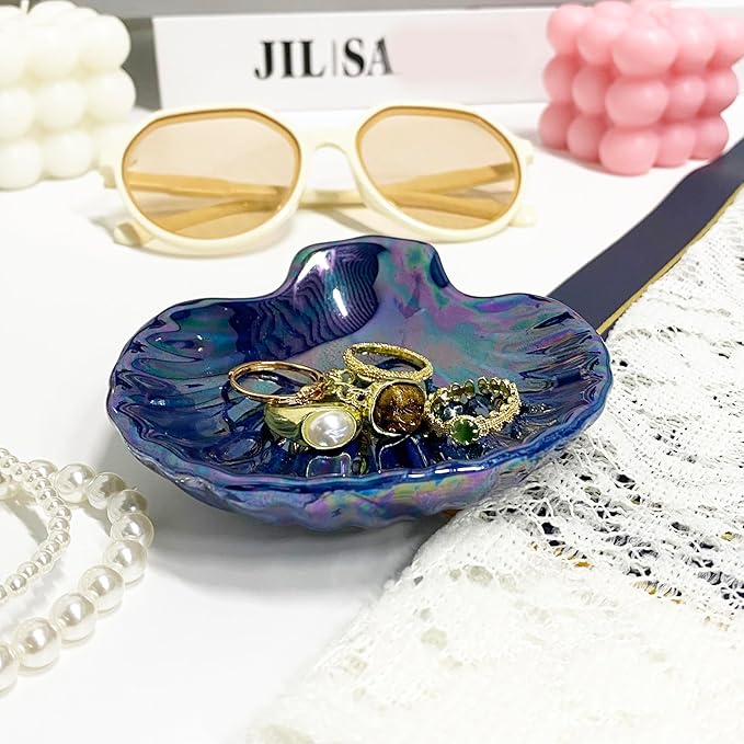 Shell Jewelry Holder Dish, Ceramic Seashell Trinket Dish for Women, Cute Room Decor Jewelry Plates for Earrings Ring, Birthday Mother's Day Christmas Gift for Women 3.9", Indigo Iridescent Surface