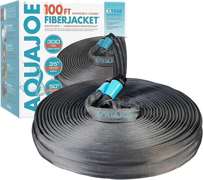 Aqua Joe AJFJH100B 1/2-Inch 100-Foot Ultra-Flexible Kink-Free Fiberjacket Garden Hose, 300 PSI Burst Rated