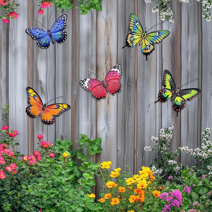 EOORAU Metal Butterfly Wall Outdoor Decor - 5 Pcs 3D Lifelike Metal Butterflies Wall Art Sculpture Hanging Decorations for Outside Fence Yard Patio Garden