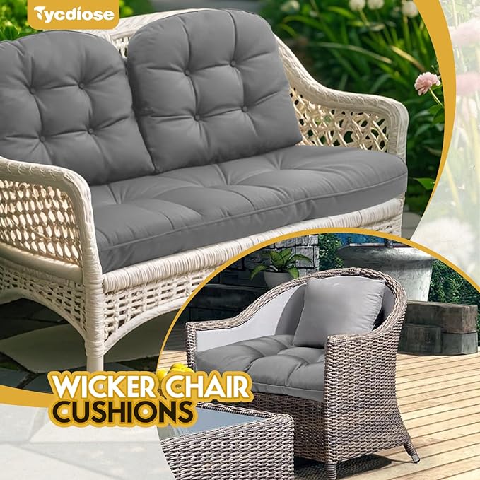 All Weather Wicker Chair Cushions of 3 Pieces, Waterproof Outdoor Wicker Chair Cushion for Patio Furniture Loveseat Settee Bench, 1 Loveseat and 2 U-Shaped Thickened Cushions, Grey