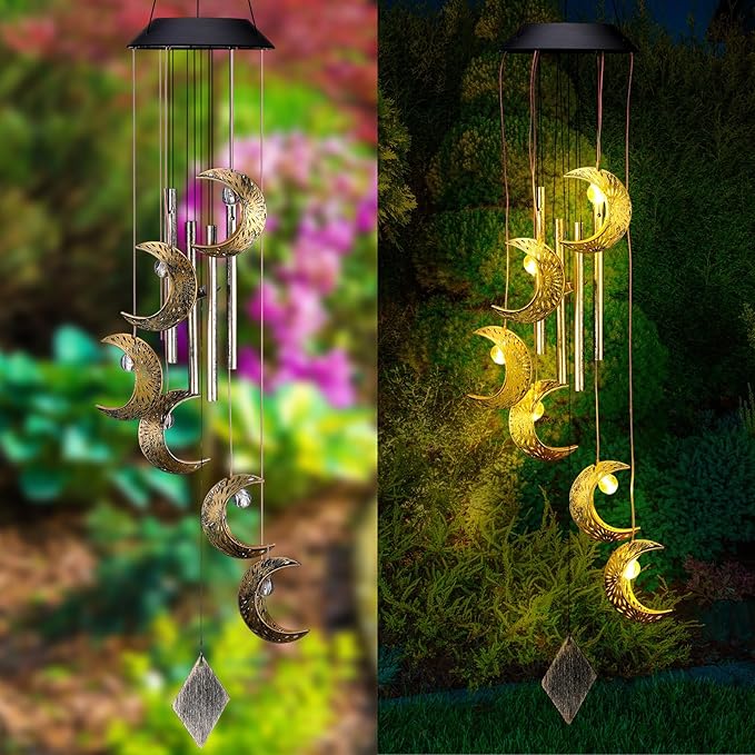 Solar Wind Chimes for Outside Waterproof Hanging Wind Chimes Lights Outdoor Decor Yard Garden Gifts for Mother Mom Grandma Wife Neighbors(Moon,Warm Colored Lights)