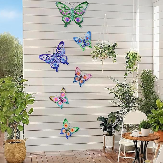 SUNREEK 6Pcs Metal Butterfly Wall Decor, 14Inch/9Inch Outdoor Butterfly Wall Art for Fence Garden Yard Room Patio Balcony Decorations