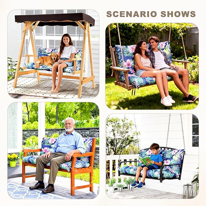 Porch Swing Cushion with Backrest,Waterproof Bench Cushion for Outdoor Furniture,2-3 Seater Replacement Thickened Swing Cushion with Ties,Patio,Outdoor,Backyard and Garden (Tropical Floral,47x40")
