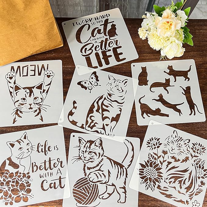 16 PCS Cat Stencils for Painting, Stencils for Crafts Reusable 8 x 8 Inch Quote Kitty Templates for Wood Signs Walls Canvas and Gifts for Cat Lovers