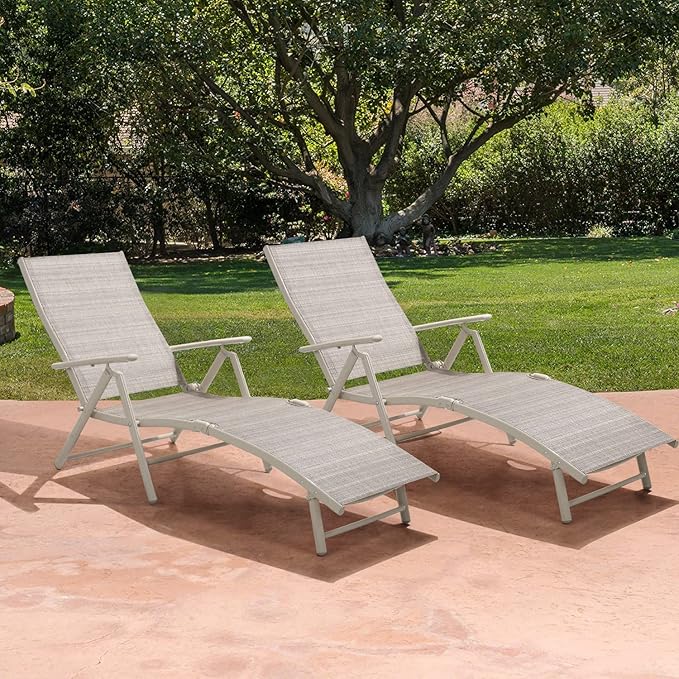 Devoko Lounge Chairs for Outside Patio Chaise Lounge Outdoor Poolside Adjustable Recliner Folding Lounge Chairs Set of 2 for Garden Beach (Beige)