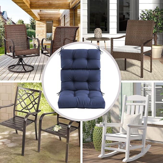 Outdoor/Indoor High Back Chair Cushion, Waterproof Outdoor Rocking Chair Cushion with Ties, Tufted Replacement Seat Cushions for Outdoor Furniture, Blue