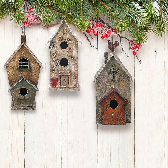 Jemeni 15" H Distressed Metal Birdhouses for Outdoors Hanging, Bird House Decorative for Outside Garden Yard, Double Hole with Floral Accents…………
