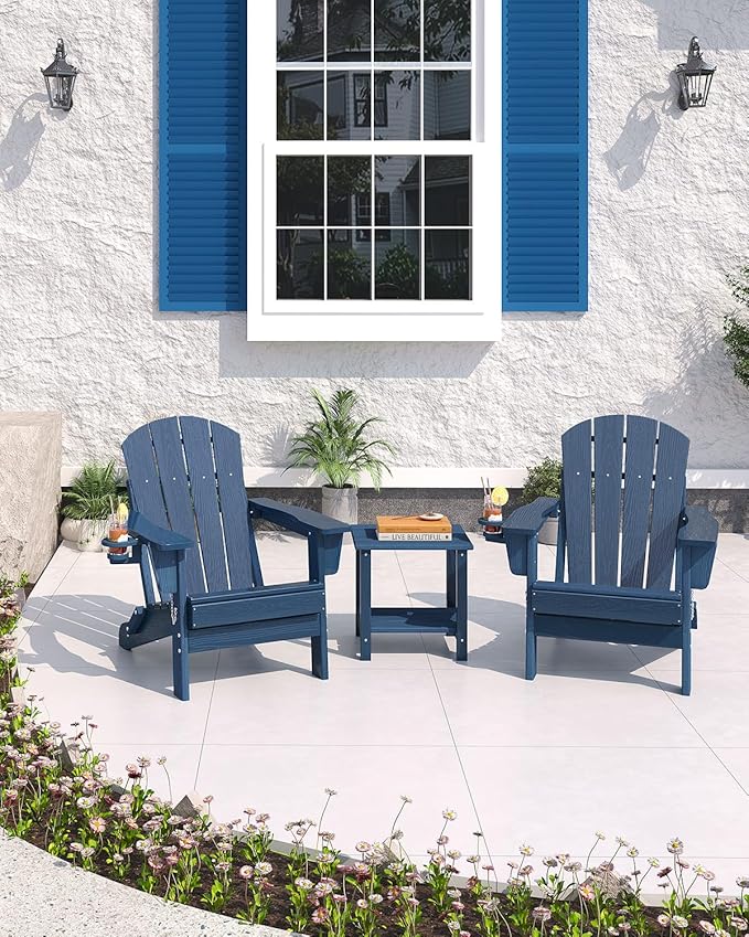 Folding Adirondack Chair Set of 2, All-Weather HDPE Outdoor Chair, Wooden Textured with Cup Holder for patios, Decks, Gardens, fire pits, Navy Blue