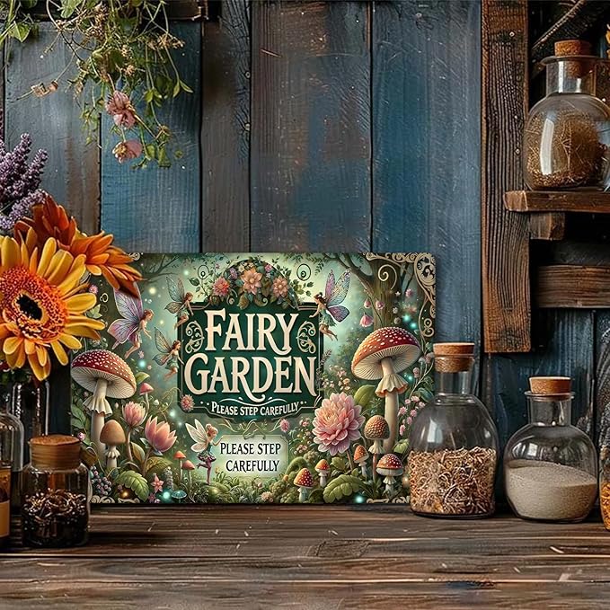Gardening Gifts Vintage Garden Metal Sign "FAIRY GARDEN" Retro Gardening Tin Plate Wall Decor for Home Garden Yard Cottage Greenhouse Outdoor Decor (8x12 Inch)