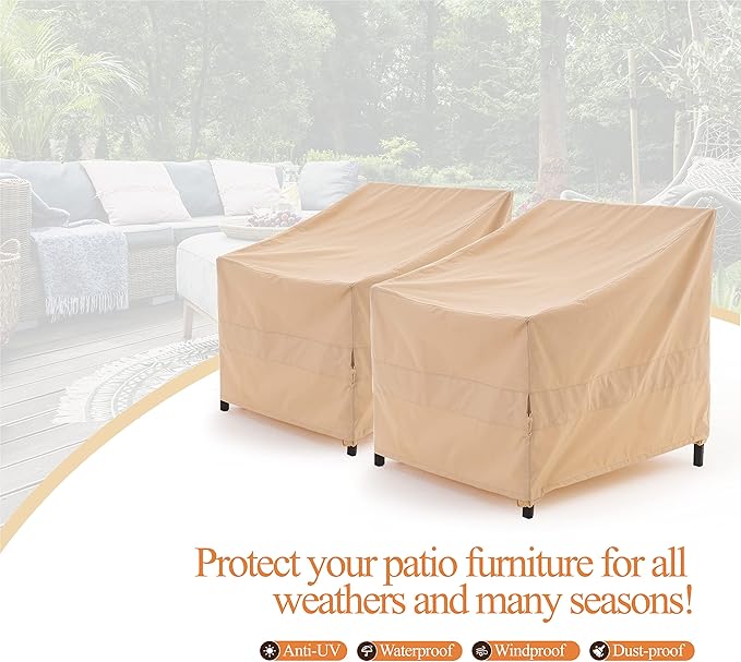 WJ-X3 Patio Chair Cover, Outdoor Lounge Cover, Heavy Duty, Waterproof Lawn Chair Covers, 43W x 42D x 42H, Beige, 2-Pack