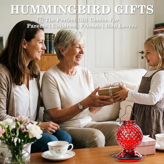 Glass Hummingbird Feeder for Outdoors Hanging, 2 Pack 25 OZ Humming Bird Nectar Feeder with 4 Bee Guard Feeding Ports & Built-in Ant Moat, Bird Feeder for Outside, Gifts for Women Mom, Red