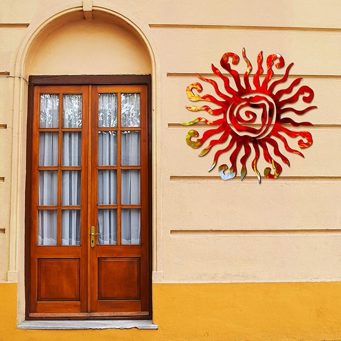 Moxweyeni 12 Inch Sun Metal Wall Art Outdoor Decor Wacky Large Sun Metal Art Sun Wall Decor Pool Decorations for Home Bedroom Living Room Office Garden(Red)