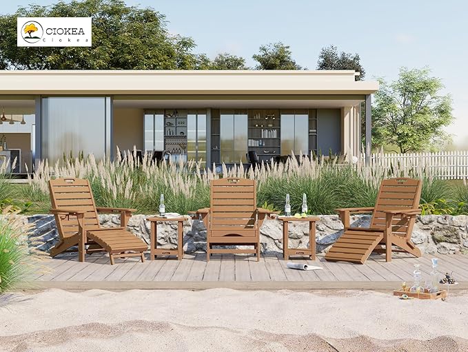 Ciokea Folding Adirondack Chair Set of 4 with Retractable Ottoman Fire Pit Patio Chair with Pull Out Foot Rest Weather Resistant Lawn Outdoor Chair with 2 Cup Holder (Teak)