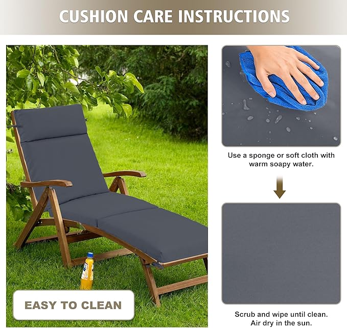 Chaise Lounge Cushion 72x21x3 Inch – Set of 2 Outdoor Lounge Chair Cushions, Lounger Pad Replacement with Fade-Resistant, Removable & Machine-Washable Covers, Ideal for Patio Chaise Chairs, Dark Grey
