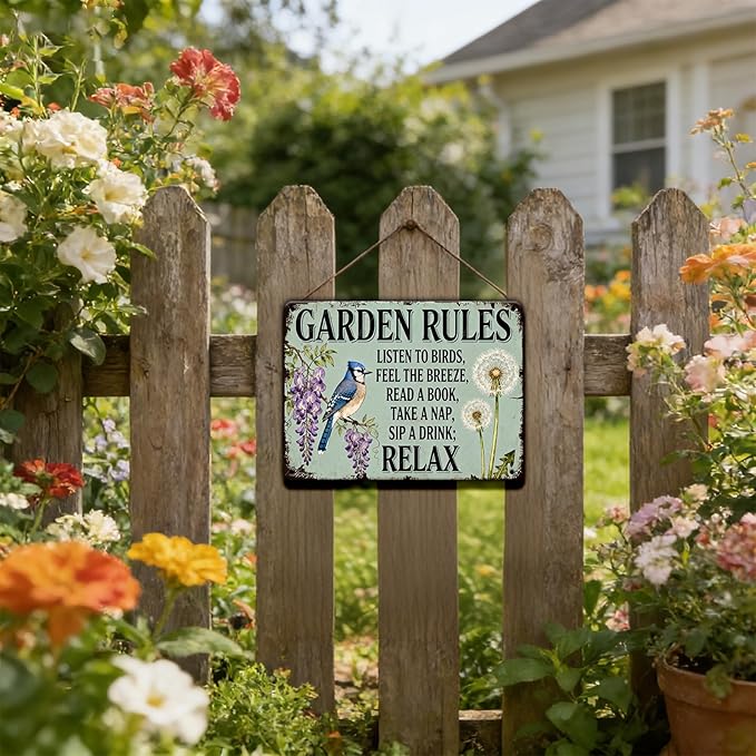 Garden Rules Tin Sign Vintage Metal Plaque for Patio Porch Yard She Shed Home Outdoor Wall Decor 12x8 Inch