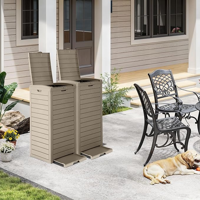 DWVO 38 Gallon Outdoor Trash Can with Lid & Drip Tray, Waterproof Hideaway Garbage Bin, Waste Container for Patio, Backyard, Deck, Garden, Easy Assembly & Clean (Taupe)