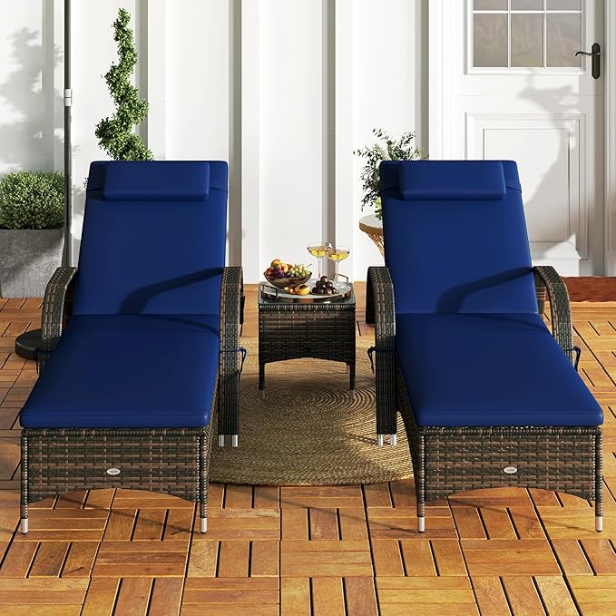 Outsunny Wicker Outdoor Chaise Lounge Chair Set of 3 with Side Table, 5-Level Adjustable Backrest PE Rattan Pool Lounge Chair with Wheels, Cushion & Headrest, Dark Blue