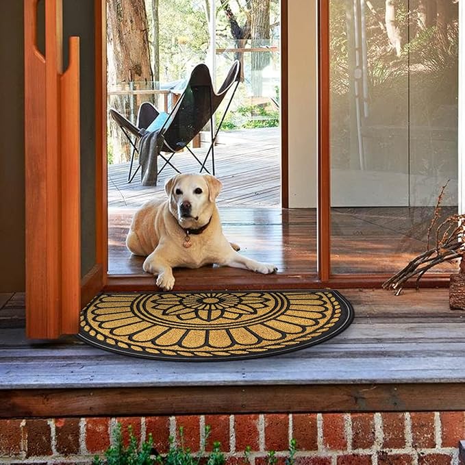 Mibao Half Round Door Mat, Non-Slip Welcome Entrance Way Mat, Durable Rubber Mats, Low-Profile Heavy Duty Doormat, Circle Mats for Garage, Patio, High Traffic Areas, 23.5" x 35.5", Yellow