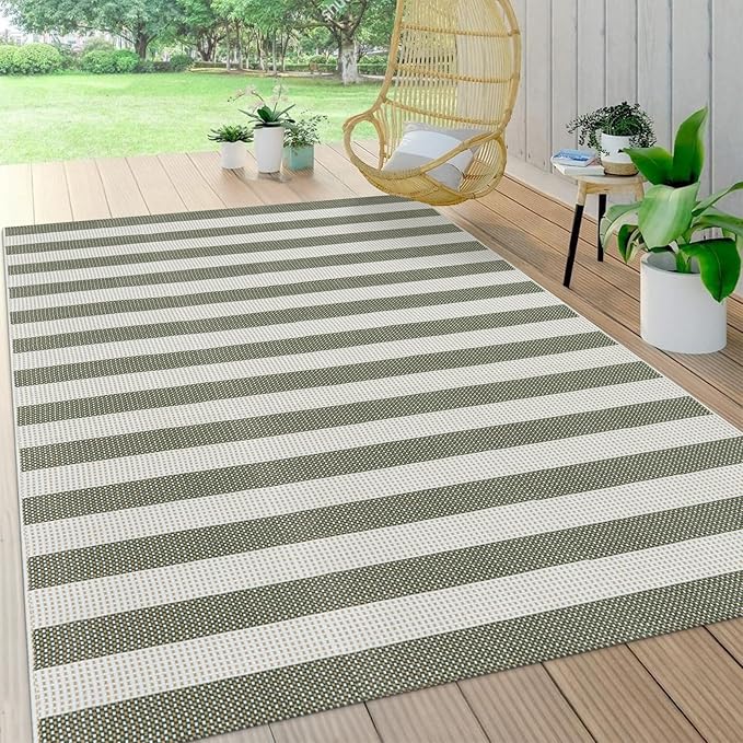 Green and White Striped Outdoor Rug 5x7, Washable Cotton Woven Patio Rug, Reversible Foldable Front Porch Decor Indoor Outdoor Rugs for Farmhouse/Living Room