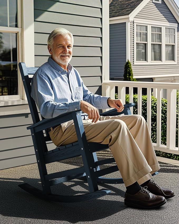 SERWALL Outdoor Rocking Chair, HDPE Rocking Chair for Adults, All Weather Porch Rockers for Lawn Garden, Navy
