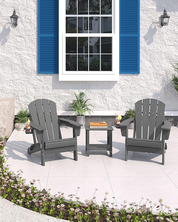 Folding Adirondack Chair Set of 4, All-Weather HDPE Outdoor Chair, Wooden Textured with Cup Holder for patios, Decks, Gardens, fire pits, Grey