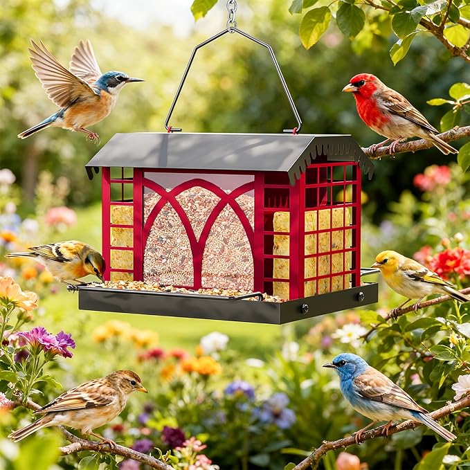 Bird Feeders for Outdoors Hanging, Metal Bird Feeder with Double Suet Cage Weatherproof Metal Roof, 3.5Lbs Large Capacity Great for Attracting Finch Cardinal Chickadee Wild Birds, Berry Red