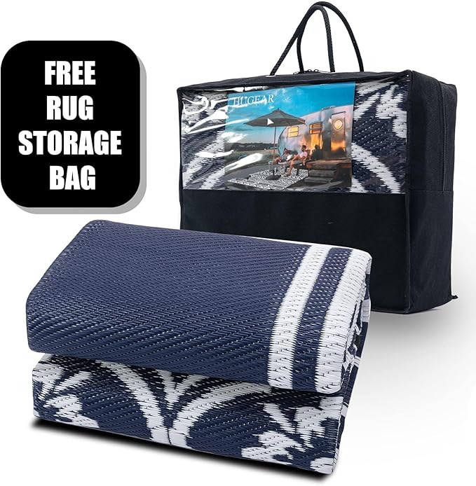 HUGEAR Outdoor Patio Rug 5'x8' Waterproof Outside Area Rugs Blue Reversible Plastic Straw Carpet for RV Deck Camping Entryance Porch Picnic Balcony Beach