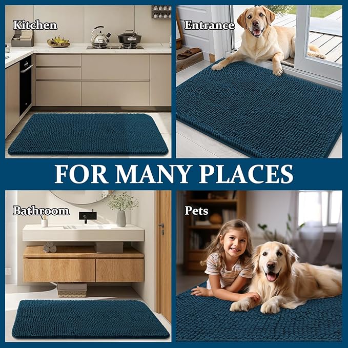 OLANLY Dog Door Mat for Muddy Paws 47x17, Absorbs Moisture and Dirt, Absorbent Non-Slip Washable Doormat, Quick Dry Chenille Mud Mat, Entry Indoor Entryway Carpet for Inside Floor, Atlantic Blue