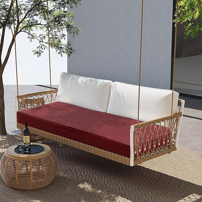 Outdoor Bench Cushion 4 inches Memory Foam Waterproof Patio Furniture Bench Cushion Porch Swing Cushion with Handle and Adjustable Strap, 60 x 18 Inch Burgundy