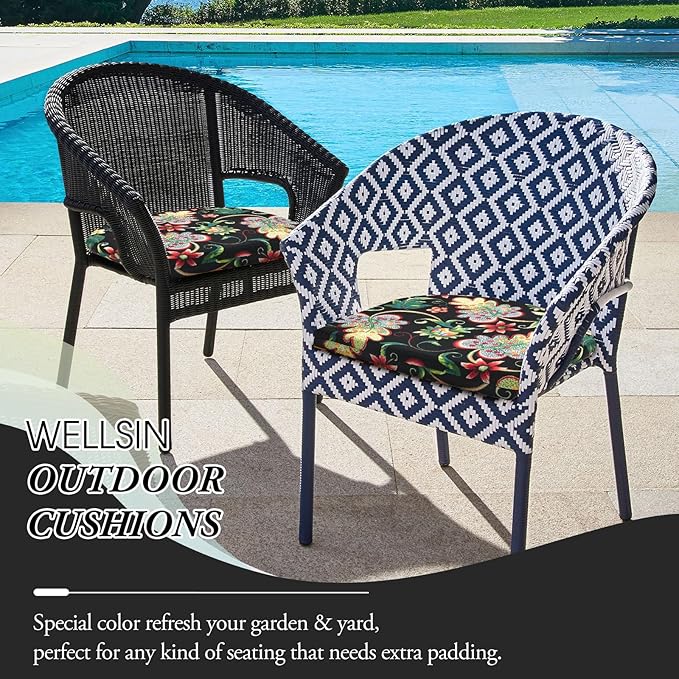 Wellsin Outdoor Chair Cushions for Patio Furniture - Patio Chair Cushions Set of 2 - Water Resistant Round Corner Outdoor Seat Cushions 17"X16"X2", Flower Black