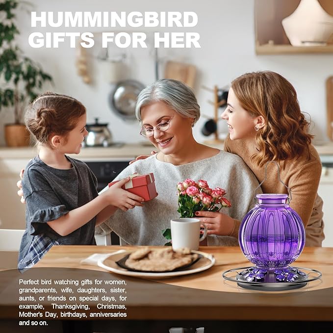 2 Pack Glass Hummingbird Feeder for Outdoors Hanging, Bird Nectar Feeder with Perch & 5 Flower Feeding Ports, 26 Oz Leak Proof for Outside Garden Decor Backyard, Gifts for Women Mom, Red & Purple