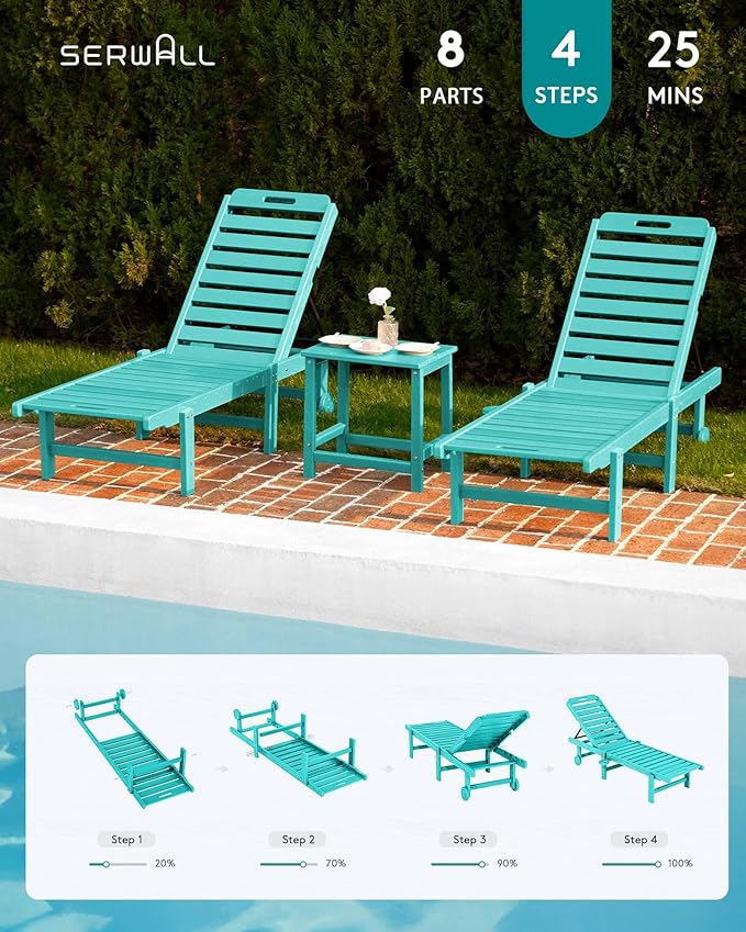 SERWALL Outdoor Chaise Lounge Set of 2, All-Weather HDPE Pool Lounge Chairs with 5-Position Adjustable Backrest, Rolling Wheels & Cup Holder for Poolside, Aruba