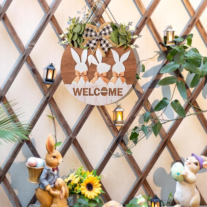 Easter Sign Wall Decor: Front Door Bunny Rabbit Decorations Spring Welcome Wreath Hanging Signs for Farmhouse
