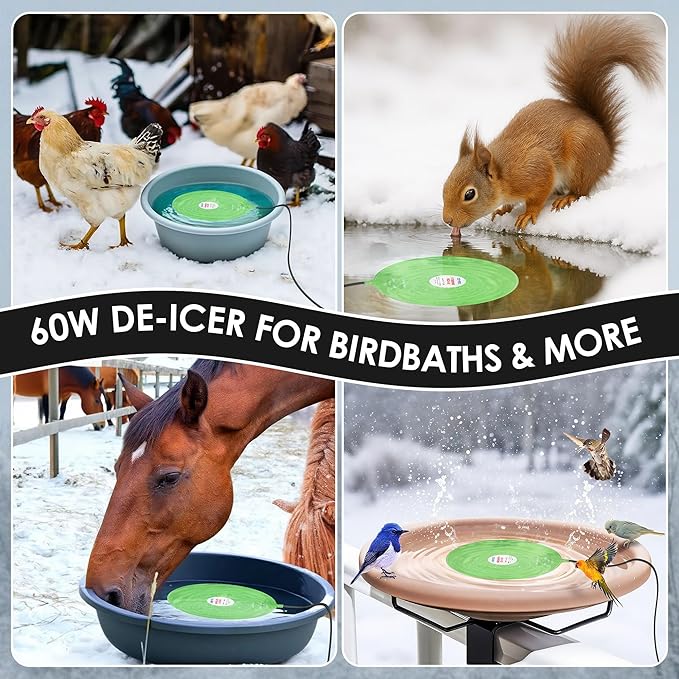 Dreyoo 60W Bird Bath Heater, Submersible De Icer for Outdoor Winter Use, Thermostatic Control, IP65 Waterproof, Chicken Water Heater for Birds, Poultry, Livestock, Wildlife Drinking(1 Pack)